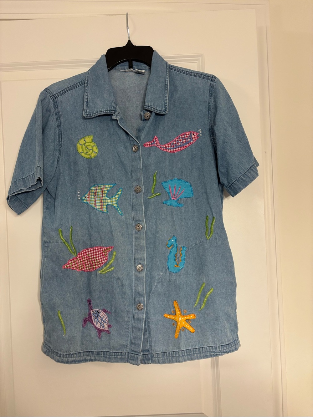 Vintage Denim Under the Sea Creature Short Sleeve Button-Up Shirt